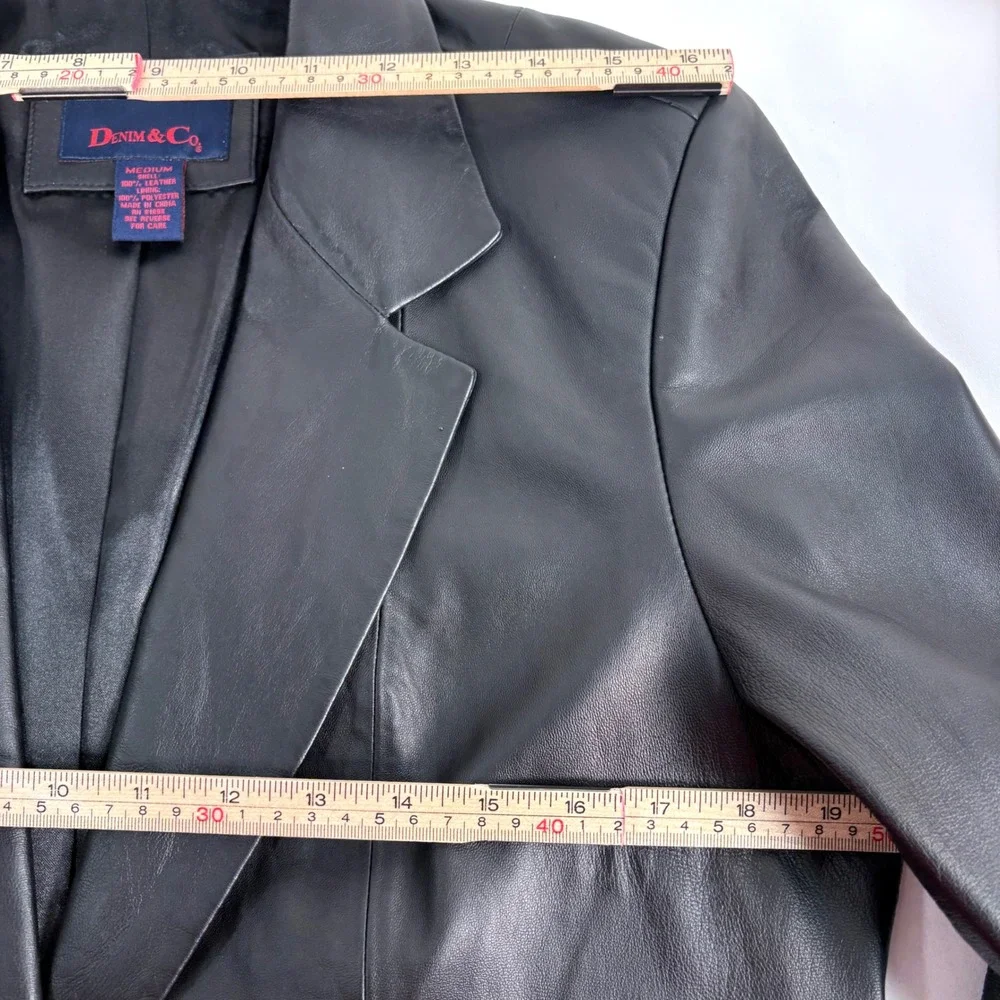 Denim & Co Leather Blazer Black Single Button Notched Lapel Jacket A103443